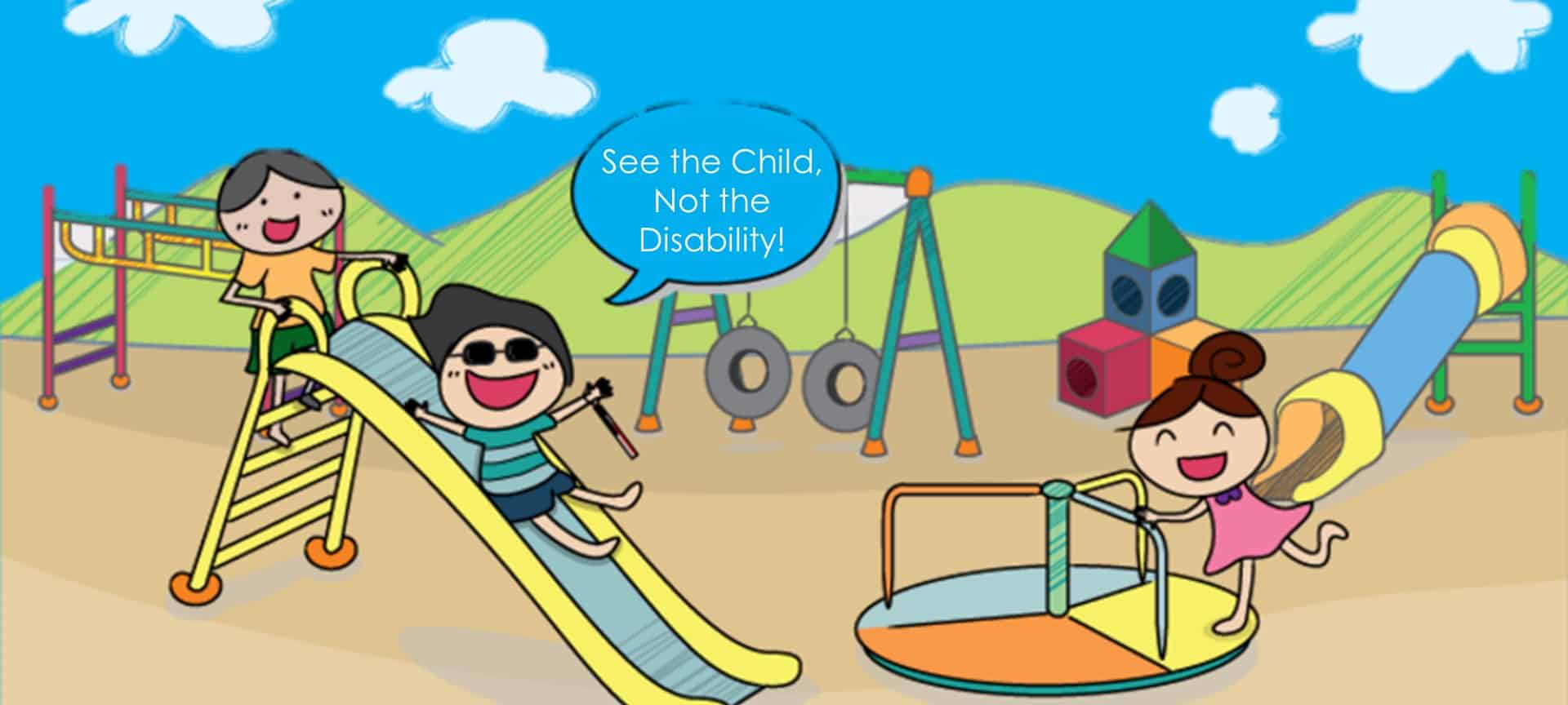 drawing of children, including with disability, playing together at the playground.