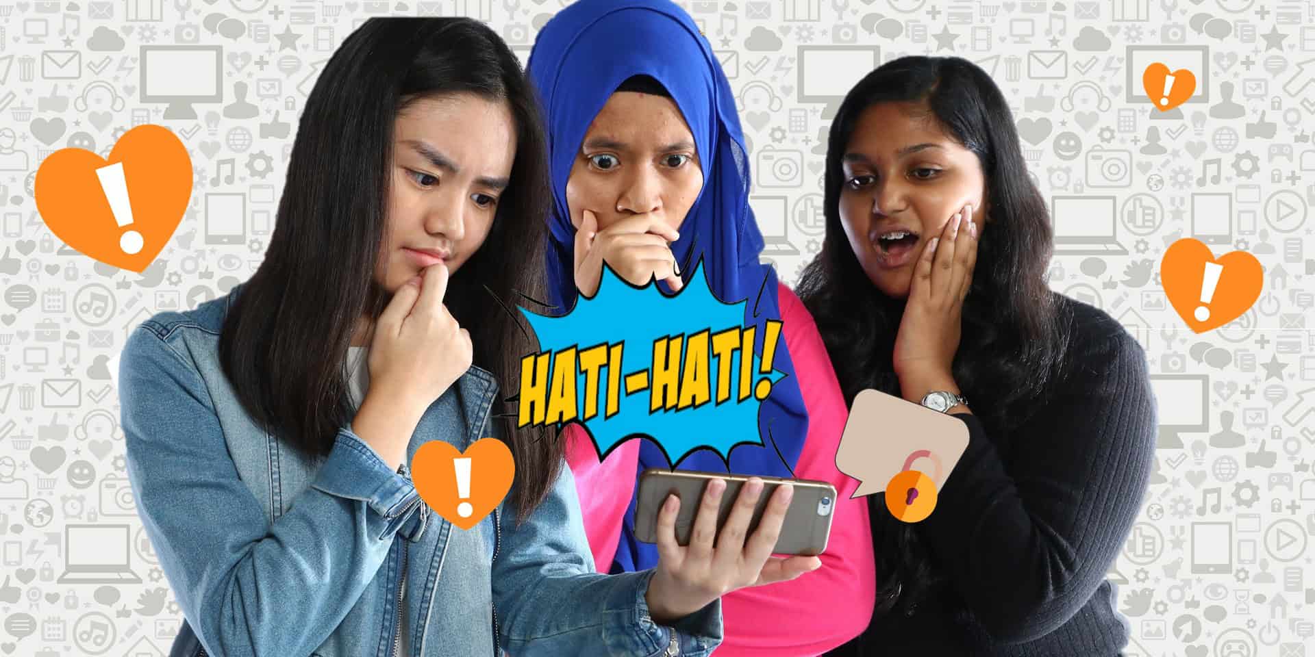 Three girls look down at a phone with shocked and worried look