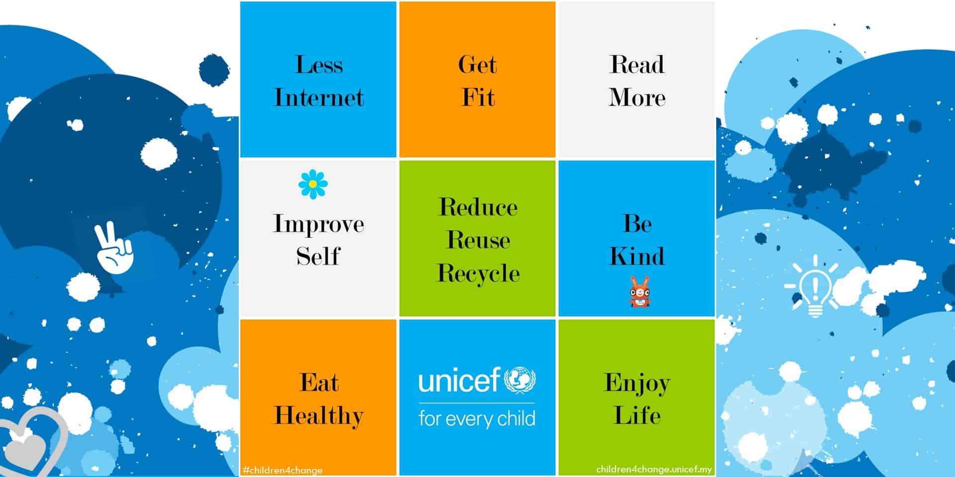 Montage of New year resolutions such as less internet, get fit, read more, improve self, reduce, reuse, recycle, be kind, eat healthy and enjoy life.