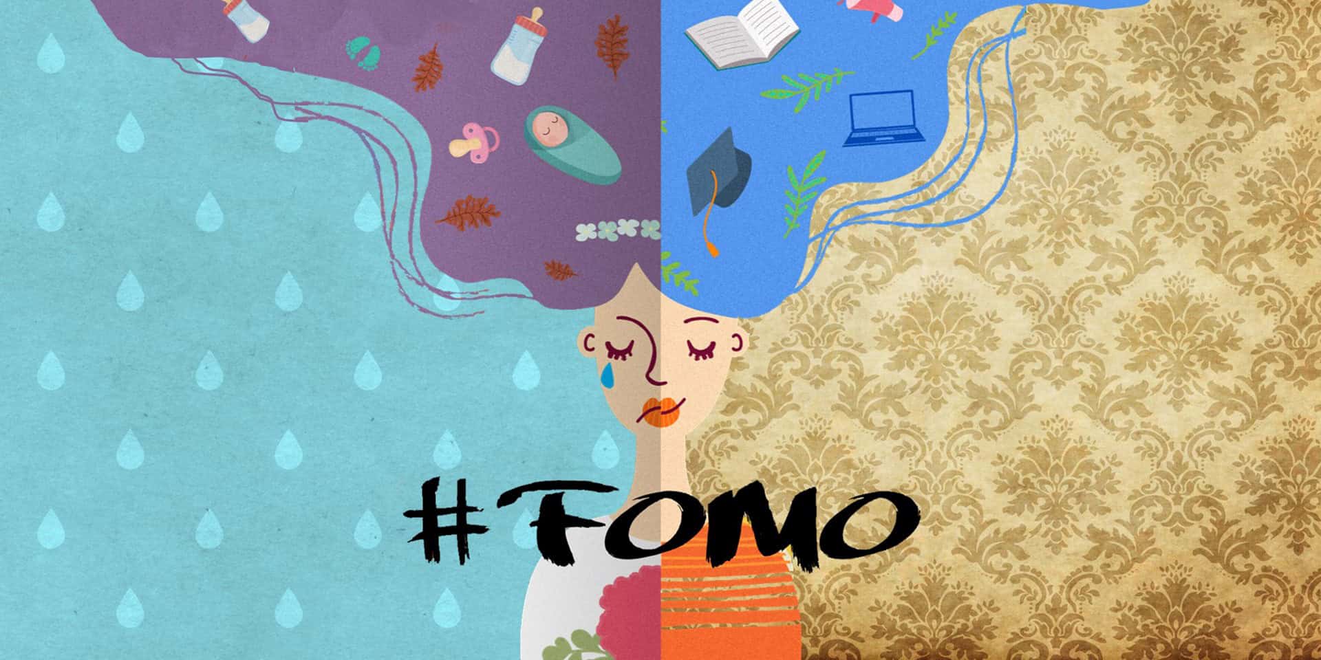 Composite of two images of a girl. One half is a girl holding a wedding bouquet with icons showing icons related to babies. The background is sad. The adjacent girl is holding a box and icons relating to education. The background is gold and bold. On the image is the word "FOMO".