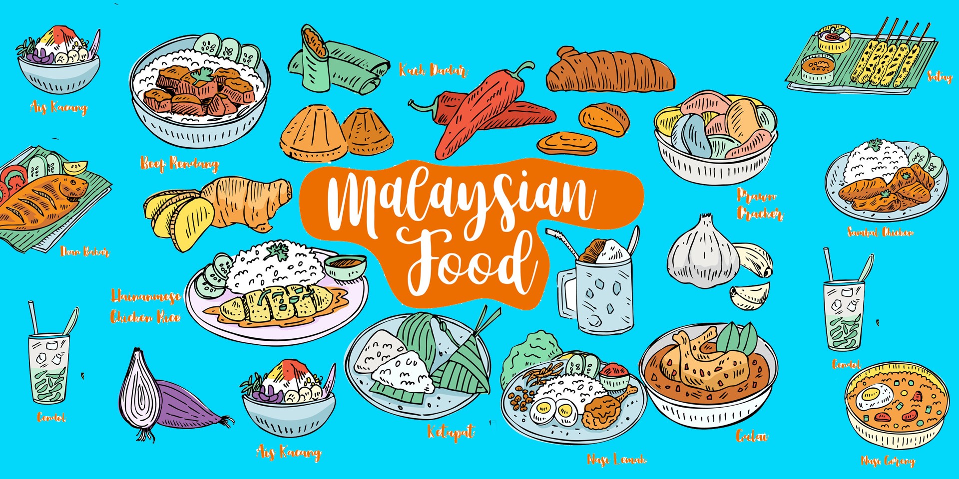 illustration of a variety of Malaysian food such as nasi lemak, nasi goreng, satay, ikan bakar, chicken rice.