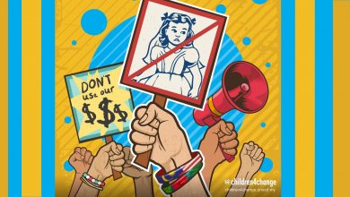 illustration of hands holding up placards championing children's issues.