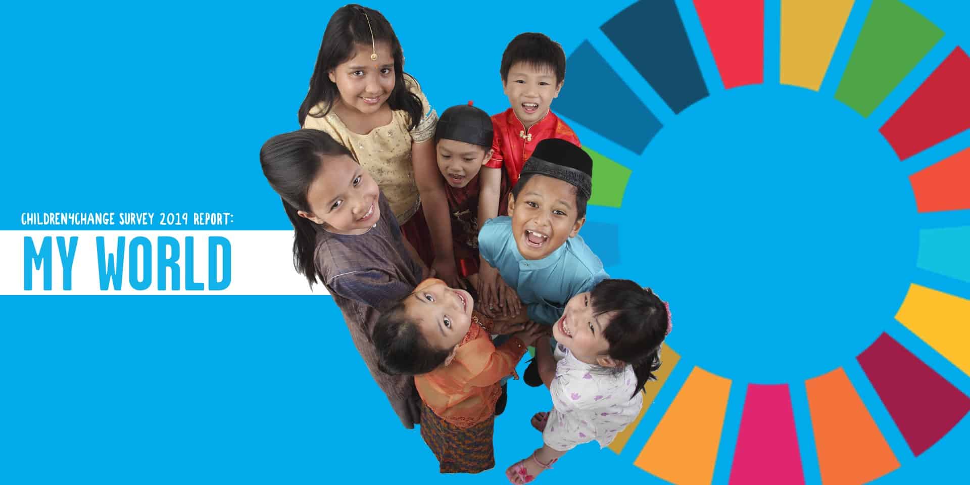 group of Malaysian children stand together in front of the SDG circle