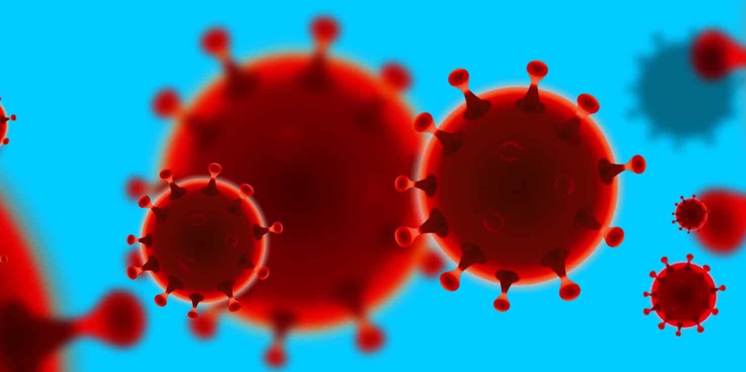 red coloured viruses against a blue background.