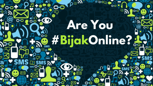 graphic design of internet icons. Words in a speech bubble say "Are you Bijak Online?"