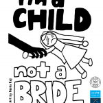 A black coloured hand holds a doll dressed as a bride. The doll is crying. The words on the poster are 'I'm a child, not a bride.' Art by Desha Raj