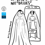 A girl dressed as a bride looks into a mirror. From the back she looks tall like an adult. When you look at the mirror you see a child bride standing on a chair. On top are the words 'Let girls be girls, not brides'.