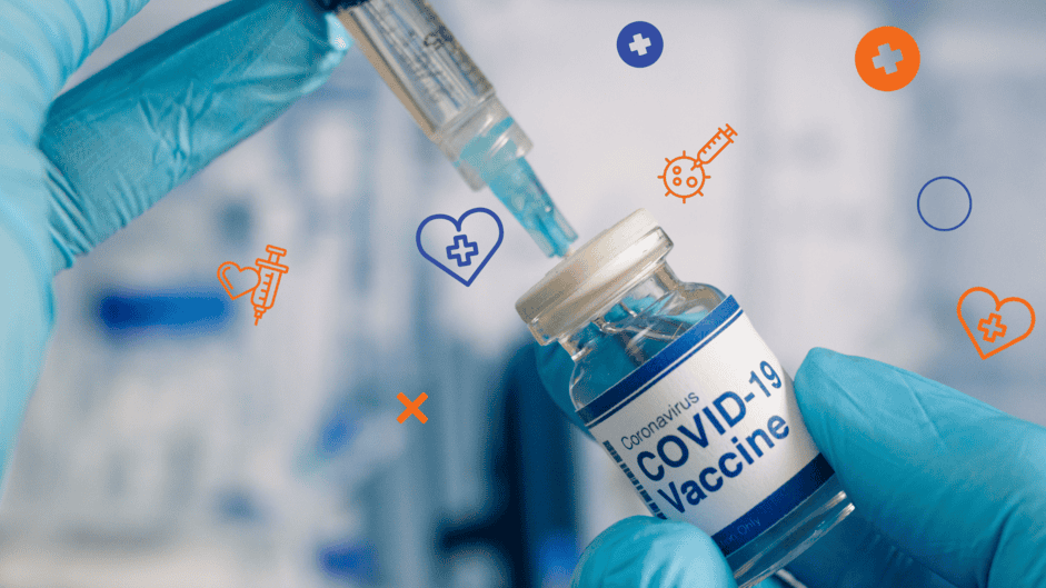 Hands encased in medical gloves. One hand holds a syringe and the other a small bottle with the words "COVID-19 vaccine".