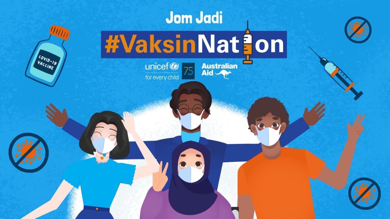 group of 4 young people championing vaccines for all for Malaysia to become a #VaksinNation.