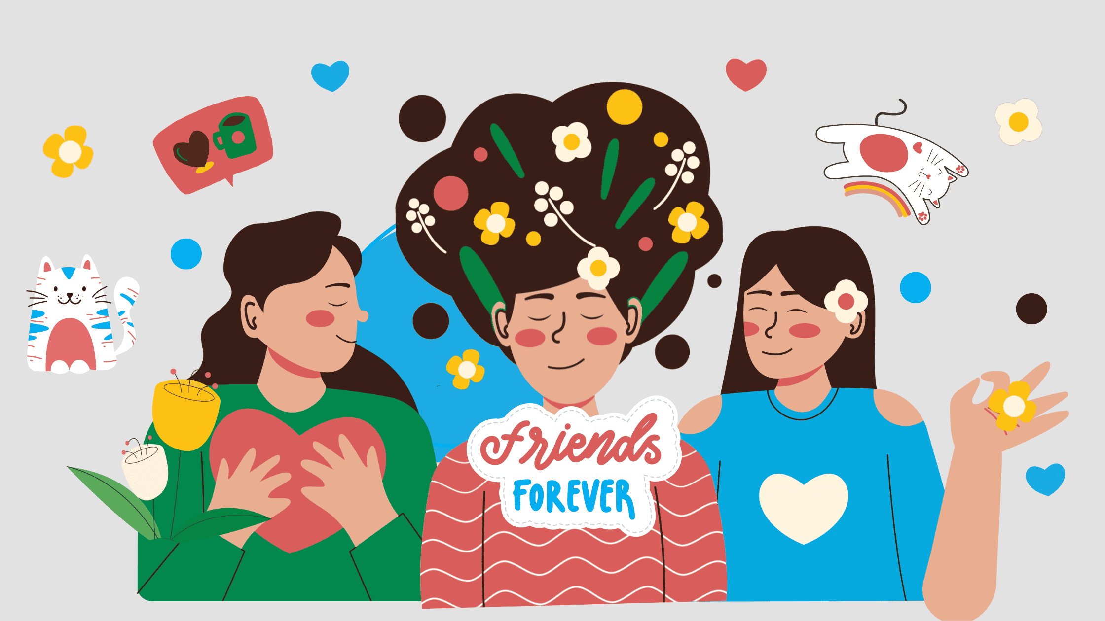 three young women celebrating their New Year's Resolutions with the words "Friends Forever". Decorative elements around them like cute cats, coffee and flowers.