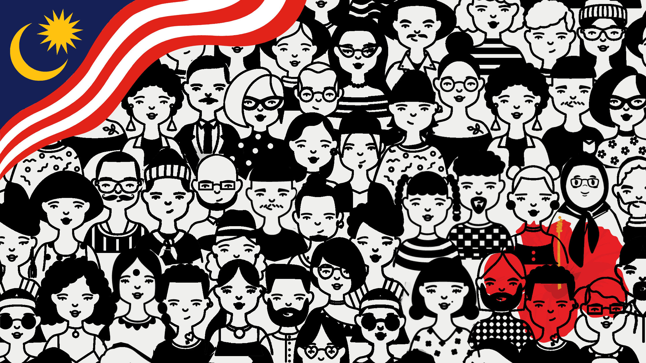 people of different genders, races, ethnicities, and background. On top is the Malaysian flag.