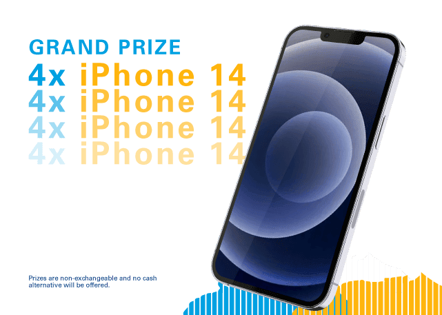 pmr_prizes_mobile Grand prize is 4 iPhone 14s. Prizes are non exchangeable and no cash alternative will be offered.