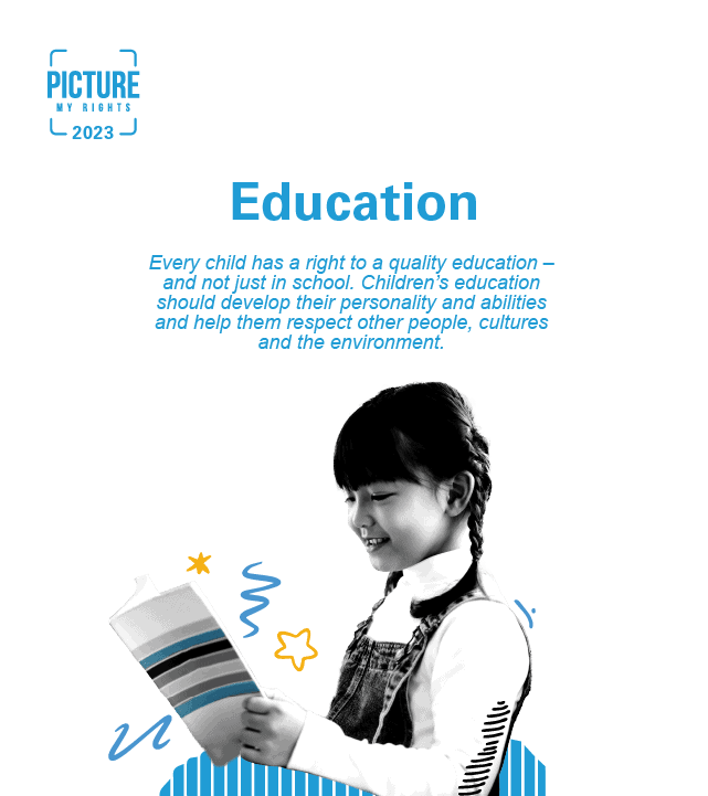 pmr_themeashot_4_mobile A young smiling girl reads a book. Next to her are words "Education. Every child has a right to a quality education and not just in school. Children's education should develop their personality and abilities and help them respect other people's culture and the environment."