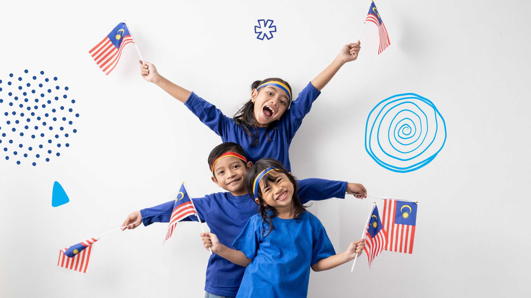 Three children, with smiles on their faces, holding out the Malaysian flag to celebrate Malaysia Human Rights.