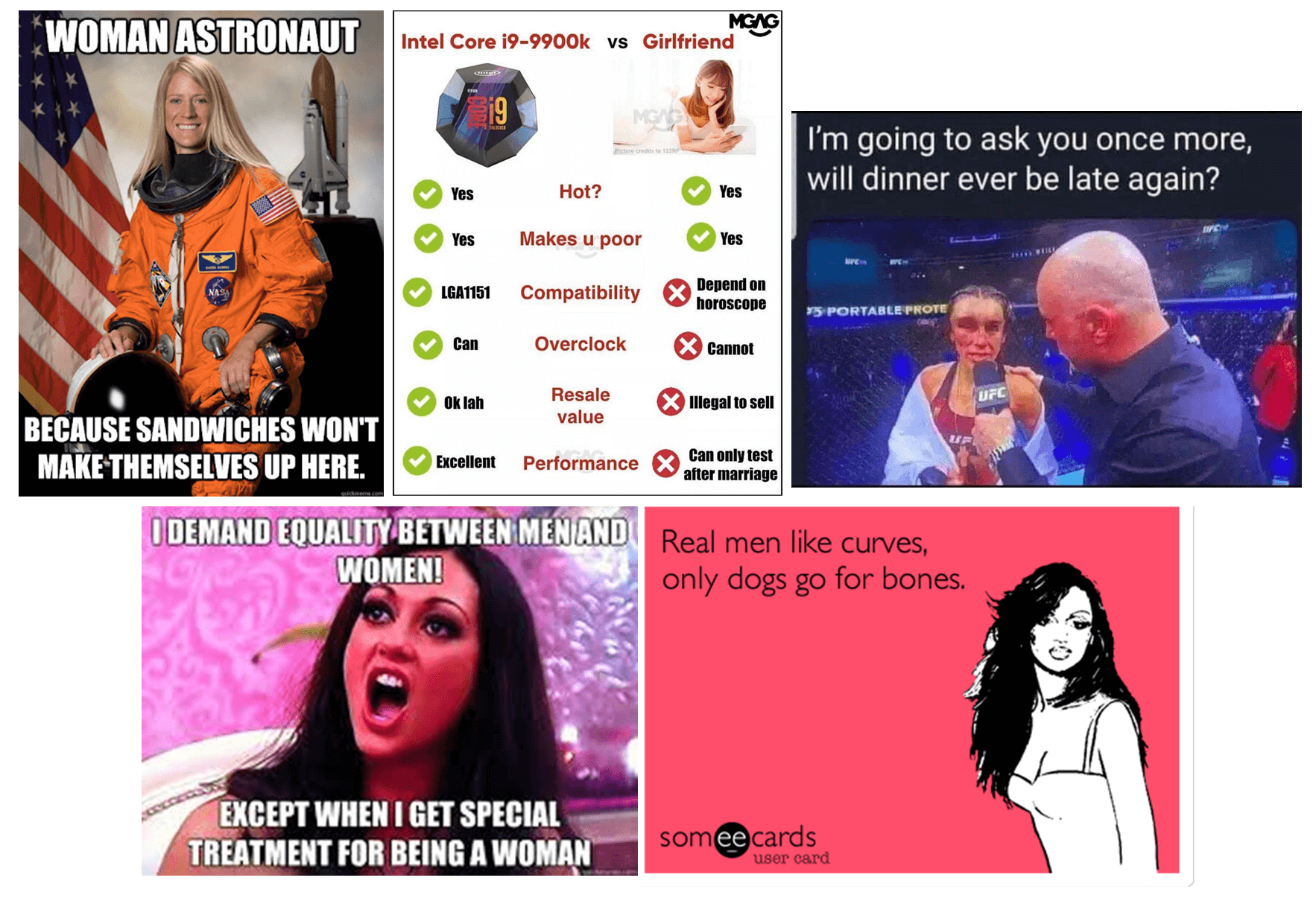 Montage of five misogynistic memes.