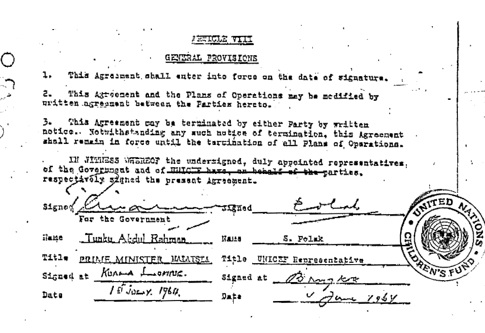 Basic Cooperation Agreement signed by Tunku Abdul Rahman and UNICEF in 1964