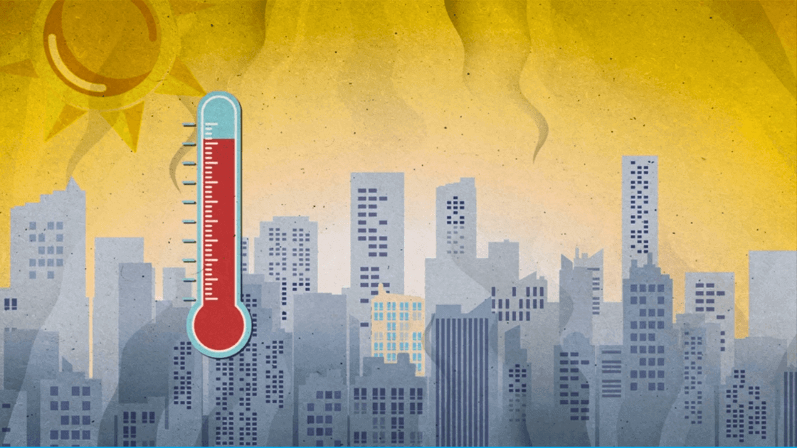 A cityscape with a thermometer showing rising temperature.