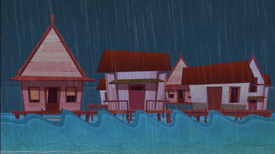 Houses on stills on the sea battered by heavy rainfall caused by climate change.