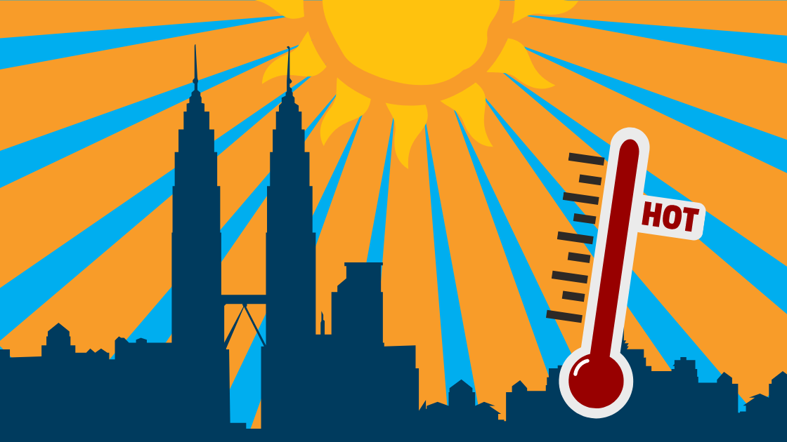 A thermometer against the KL cityscape showing heatwaves in Malaysia