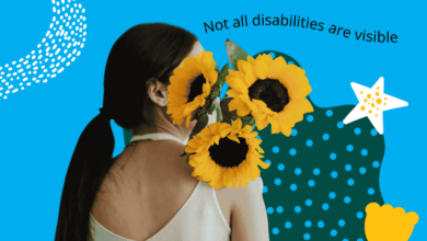 A young woman holding a bouquet of sunflowers that hides her face, symbolizing invisible disabilities. Text above reads: 'Not all disabilities are visible.'