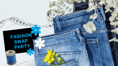 Jeans with flowers, a needle, thread and measuring tape. A card says "Fashion Swap Party".