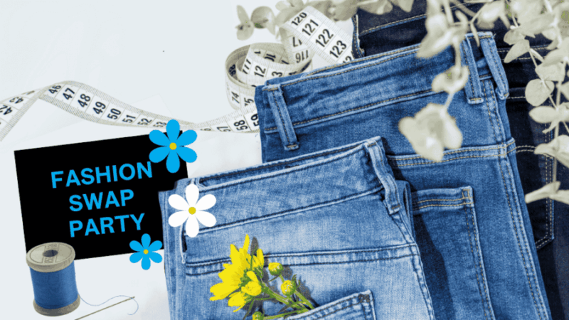 Jeans with flowers, a needle, thread and measuring tape. A card says "Fashion Swap Party".