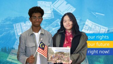 A boy and girl holding Malaysia's first UNCRC Children's Report. Text says "our rights, our future, right now!"