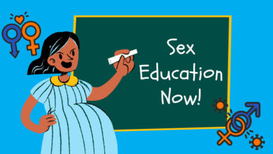 A pregnant teacher in front of the blackboard with text "Sex Education now!"