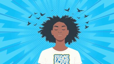 A young woman wearing a t-shirt with "Peace Love" appears serene embracing body mindfulness for inner peace as doves circle around her.