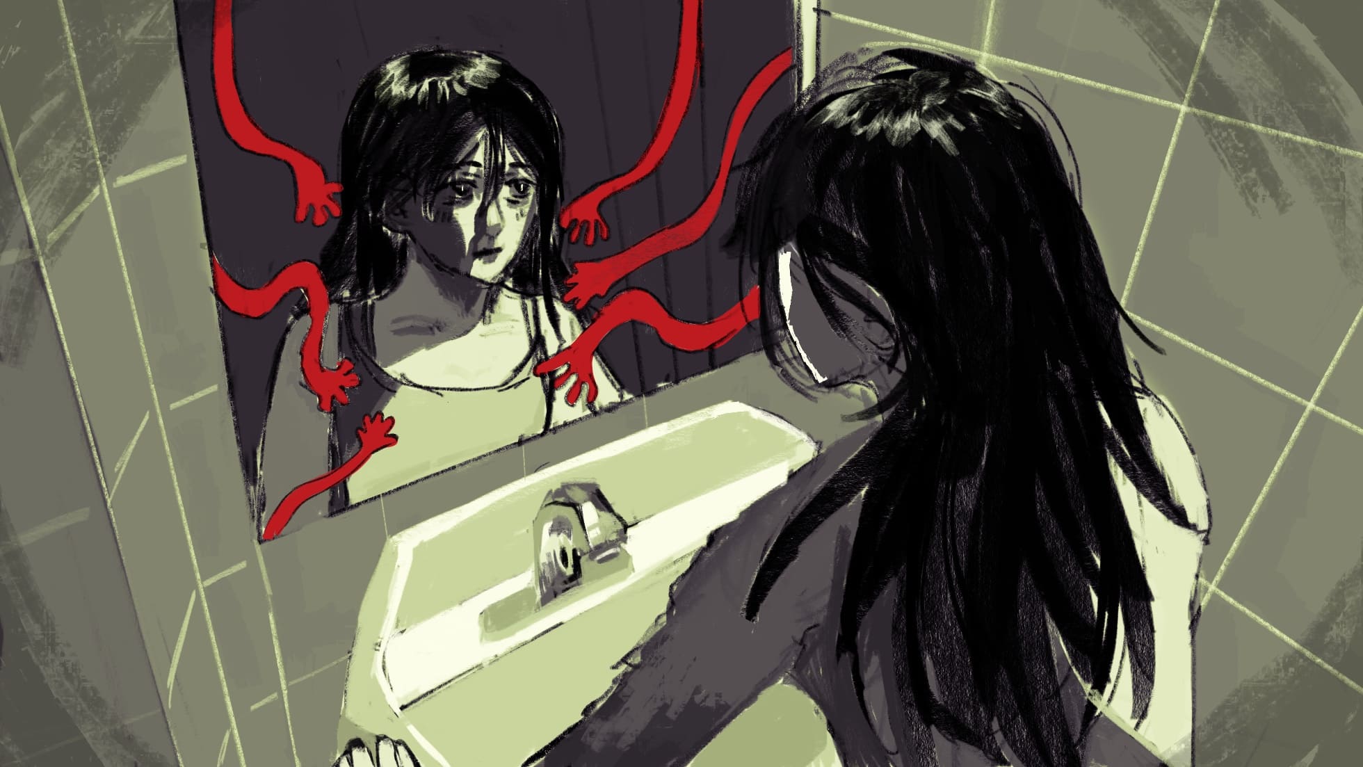 A young woman surviving sexual coercion looking into the mirror with hands reaching out to grab her.