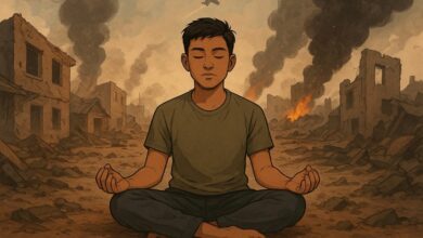 A young man stays mindful and calm through meditation in the midst of war.