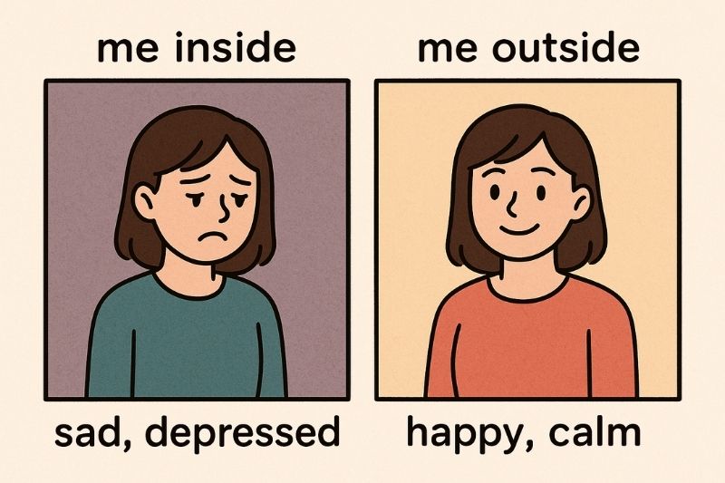 Two pictures of a girl, one on the inside is sad and depressed, the other on the outside is happy and calm.