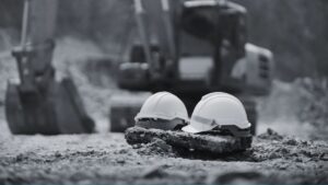 Safety helmets at a construction site.