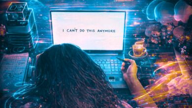 A Malaysian teenage girl slumps over her laptop at a cluttered desk; the screen reads ‘I CAN’T DO THIS ANYMORE’ with blue neon accents.