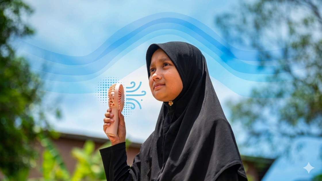 A girl holds a portable fan to cool herself in Malaysia's hot weather.