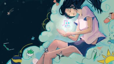 Illustration of a young person lying among clouds and stars, looking at a glowing figure in their hands. Playful sketches, constellations, musical notes and other symbols surround the scene, suggesting imagination, self-expression and reflection.