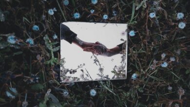 A small mirror lying among grass and flowers reflects two hands clasping in support.