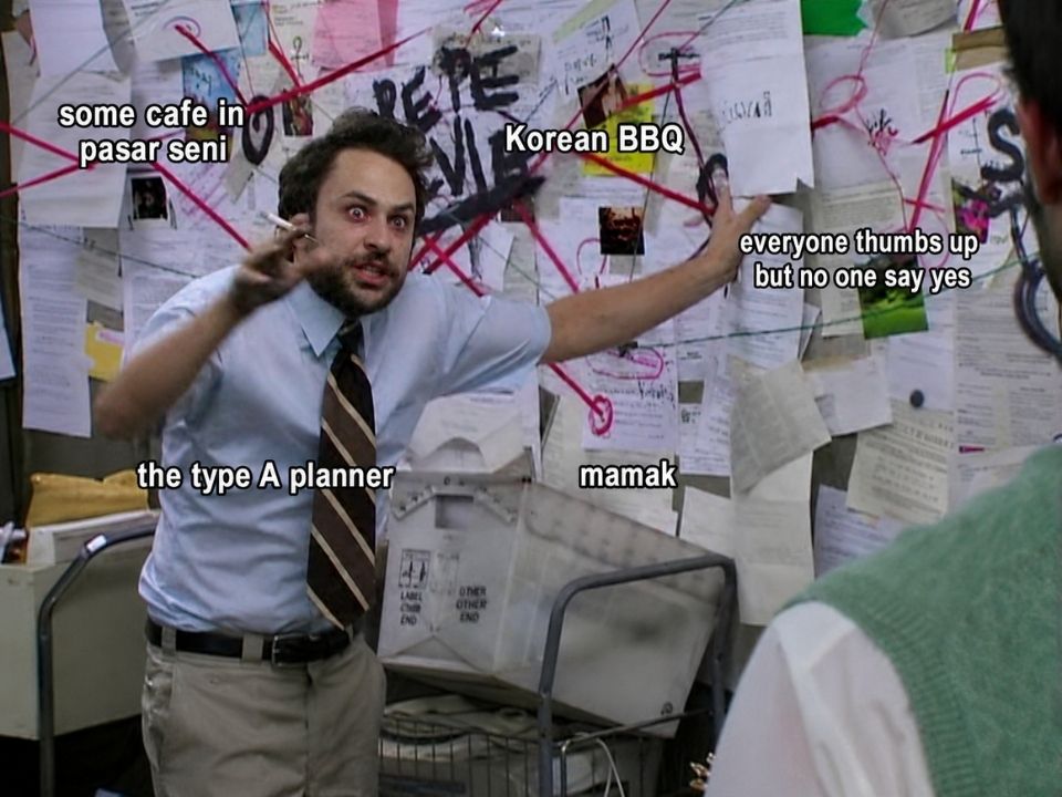 A person gesturing towards a wall covered with papers and connecting lines. The meme humorously portrays the effort of organizing a group outing when everyone suggests ideas but nobody commits to a plan.