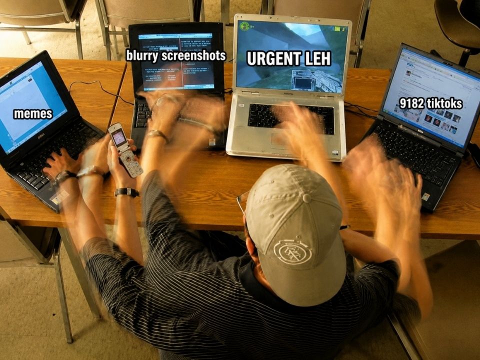 A person frantically using multiple devices and laptops as a meme compares the chaos of managing memes, urgent messages, blurry screenshots and social media notifications.