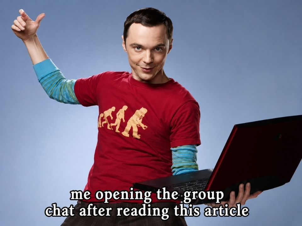 A person holding a laptop poses dramatically while a meme caption jokes about opening a group chat after reading an article.