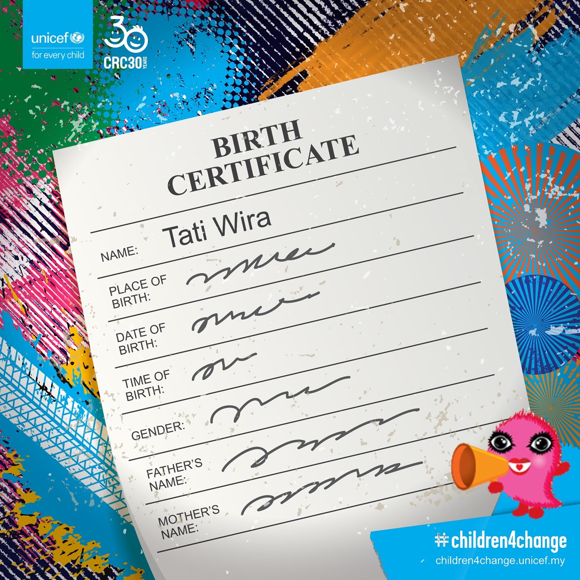 Graphic illustration of Tati Wira's birth certificate.